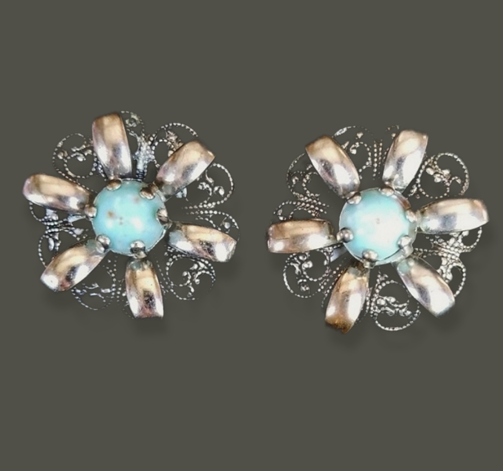 Vintage 1950s Turquoise Filigree Screw Back Earrings Silver Tone